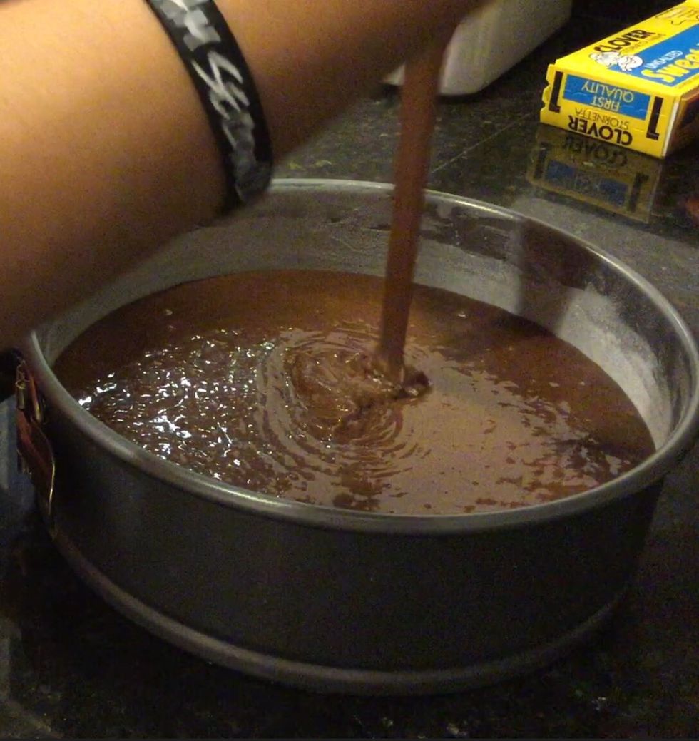 Now, pour your batter into the pan and set it in the oven at 350 degrees Fahrenheit. Then, bake it for 35 - 40 minutes, depending on your oven.