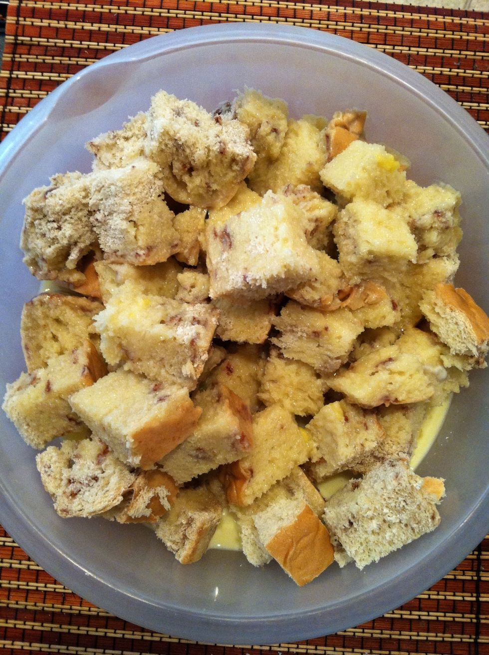 Now pour your egg mixture into the bowl of bread. Let sit for 10 minuets..