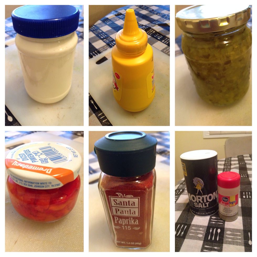 Now prepare all the other ingredients that will be mixed into the salad. (Mayonnaise, mustard, pimiento, dill pickle relish, paprika, salt, black pepper)