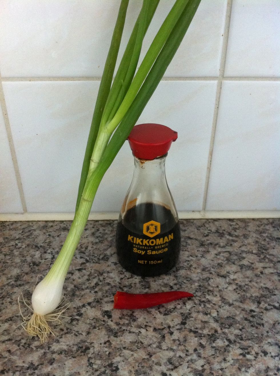 Now prepare the sauce for pancake. Using soy sauce, spring onions and depends you like it hot or not: chili pepper.