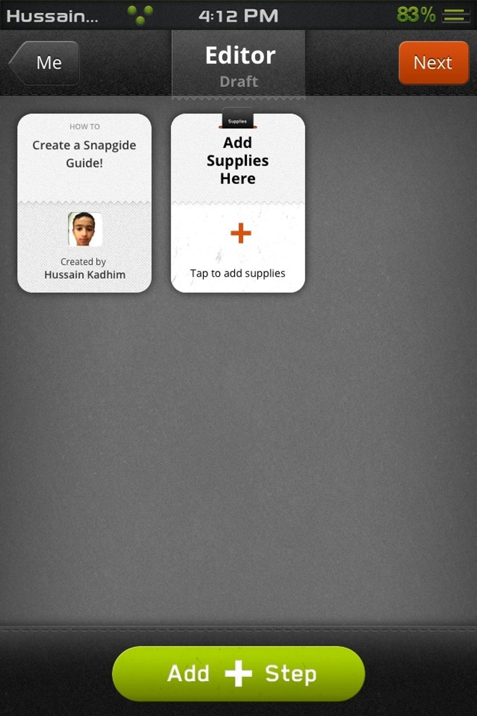 Now, Press "Add + Step" and select text, video, or Photo. But before all of that, you could tap on the first card to add a description, and tap on the second to add Ingredients/materials...