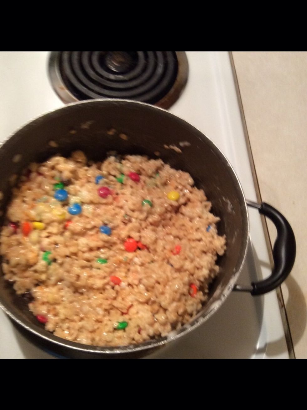 Now put in m&m in the Rice Krispie treat