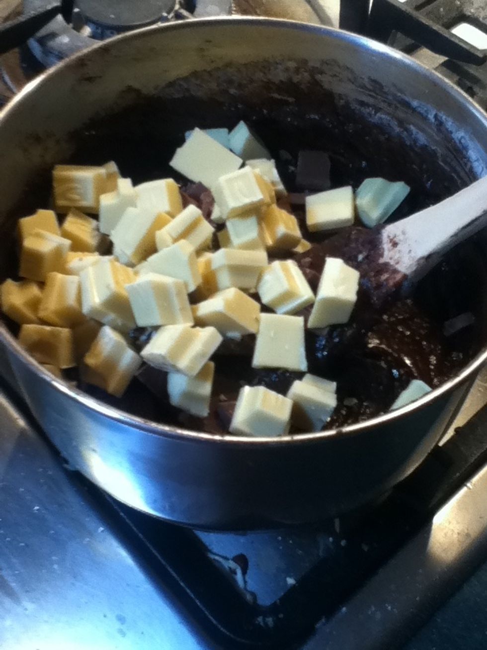 Now put in your chocolate, I used a combination of milk and white chocolate