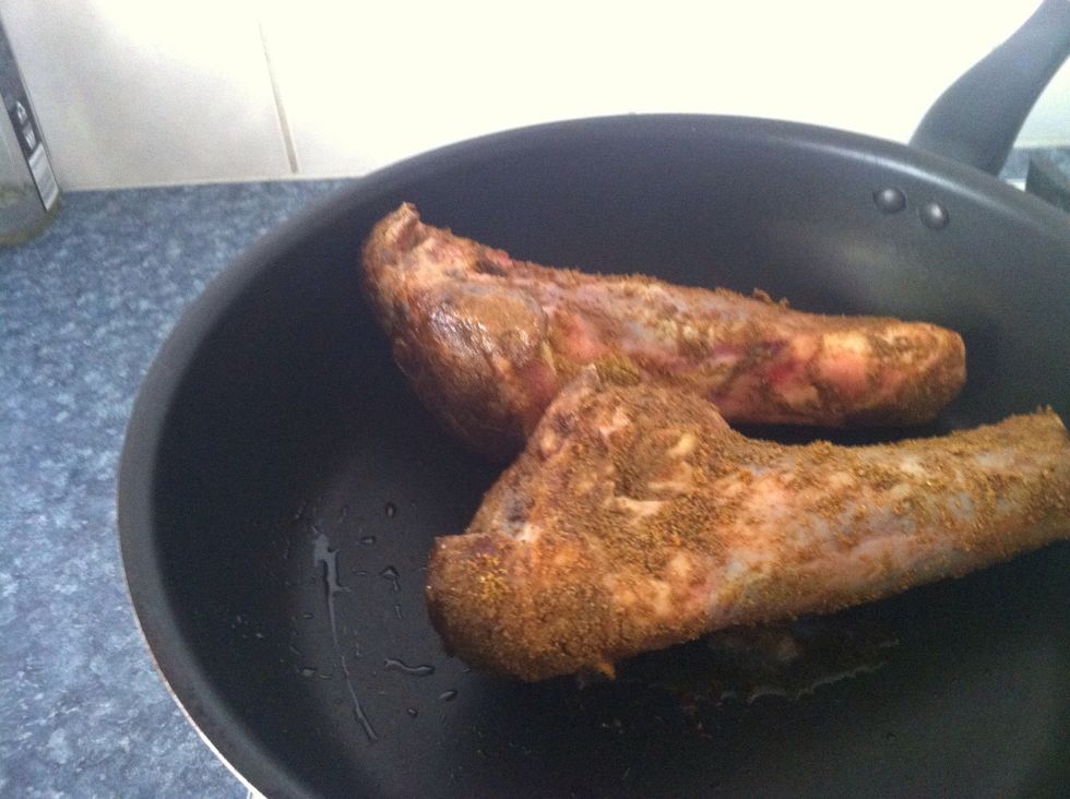 Now seal the lamb shanks in the cinnamon oil