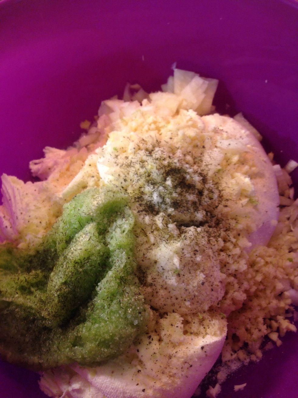 Now season everything with garlic seasoning, salt and pepper! Just take as much as you prefer! But I would put just a pinch of the pepper and more from the salt and garlic!