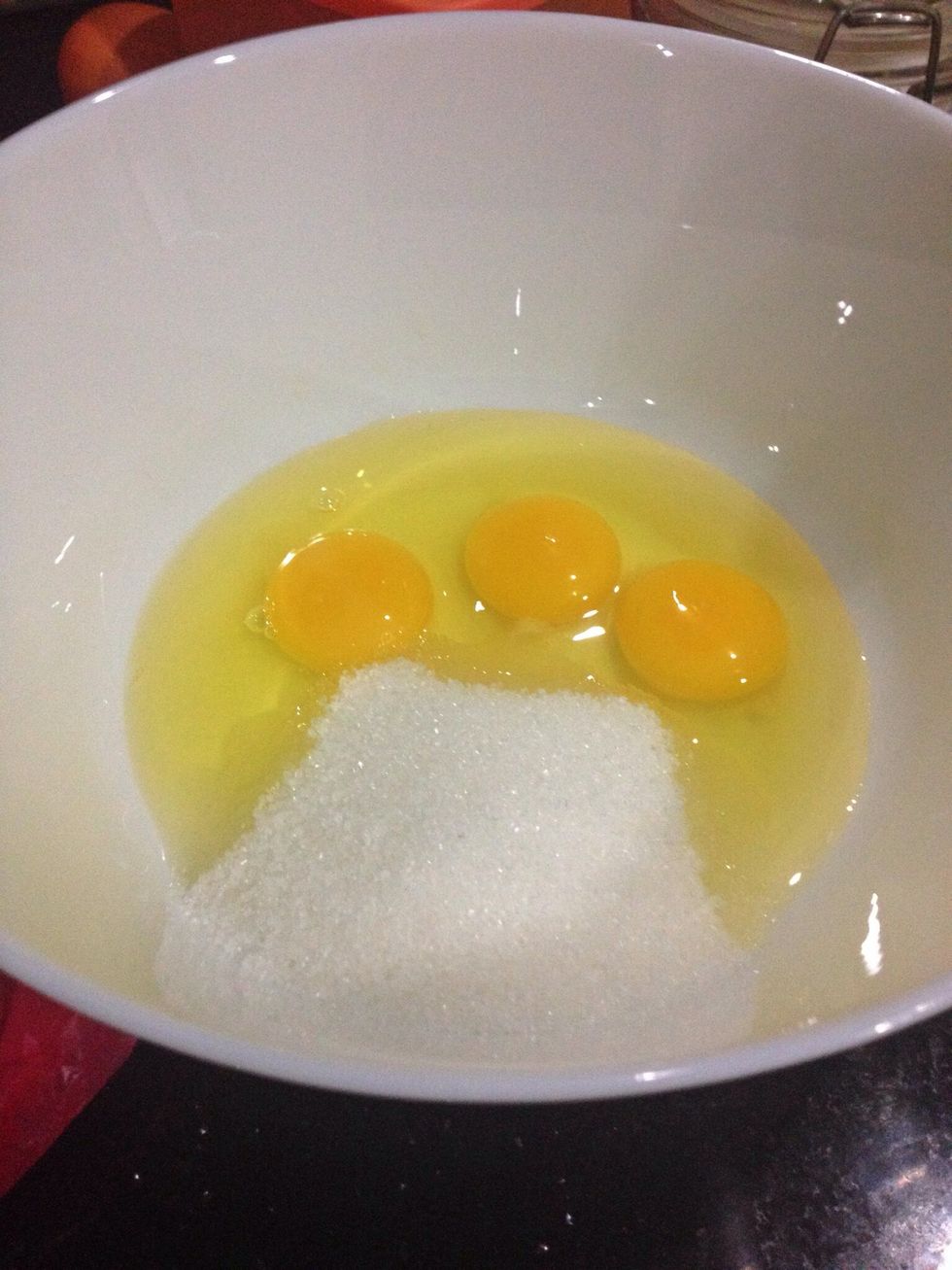 Now set those aside. In a large bowl, whisk the eggs and sugar till well combined.