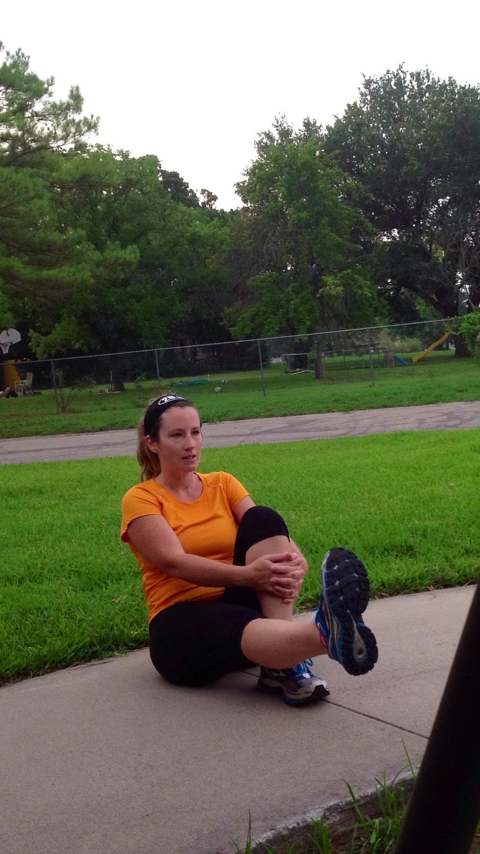 Now sit down and Hold one knee and keeping the other leg straight, raise it off the ground a few inches. Foot is relaxed, pointing forward slightly.  Raise and lower leg 10 times. Change legs.