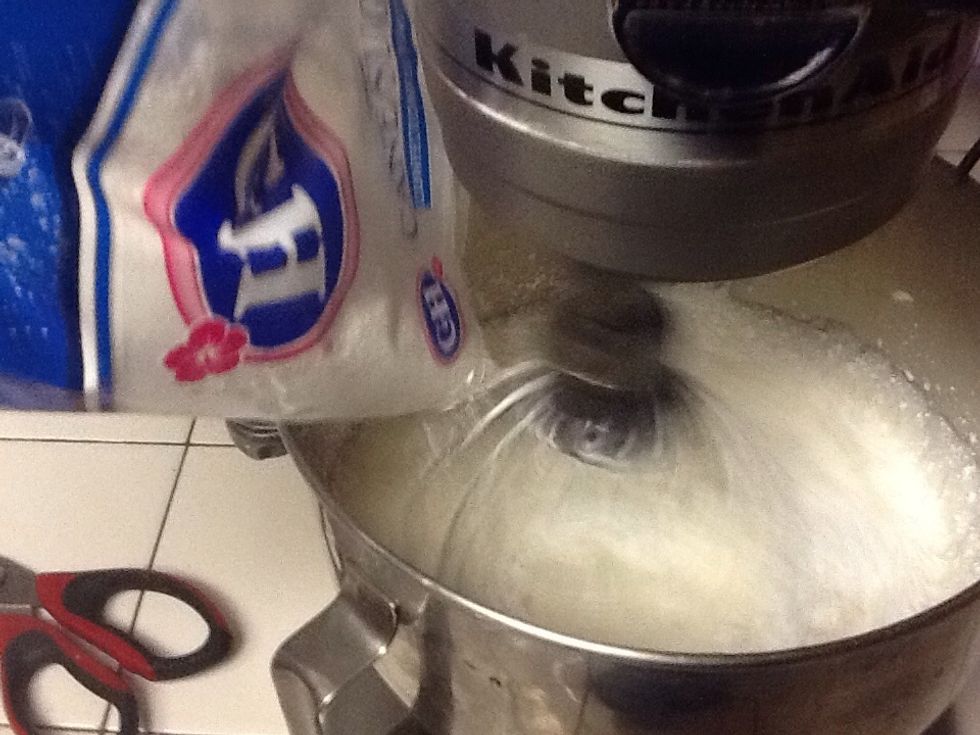 Now slowly( and I do mean slowly because if it's to fast it will fly everywhere ) pour in powdered sugar