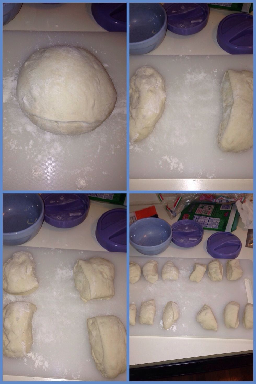 Now, start with the dough out of the bag and flour it untill it's not sticky. Put it into ball form then split in 1/2. Split those 1/2s in 1/2. Now split the 1/4s into 1/3s. You should have 12 pieces.