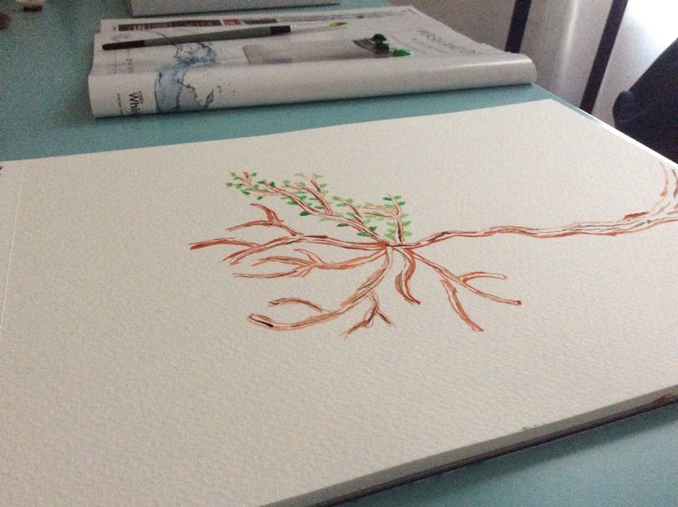 Now start with your peppermint green and paint oval like shapes on the stem, don't make it to big. Carry on painting leaves until you have painted on all the stems, remember don't fill all the gaps