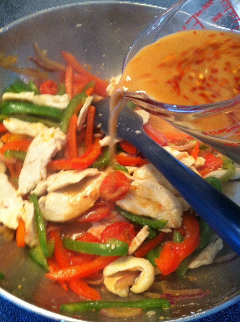 Now stir in soy sauce mixture. Stir frequently.