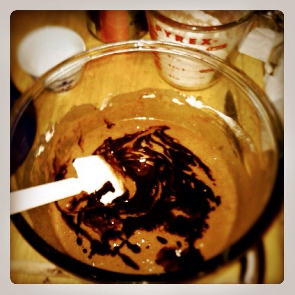 Now stir in your butter chocolate mixture...