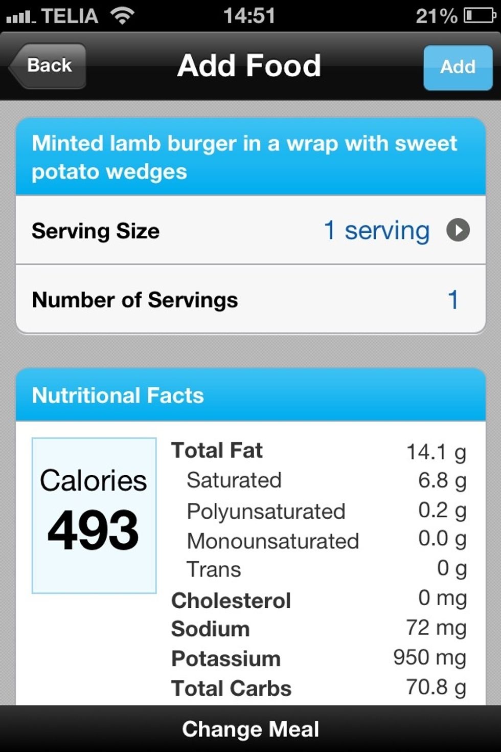 Now swap to your mint lamb burger in a wrap and see the difference :). Less than 500 cals, 14g fat and 0mg cholesterol. Not to mention this is so delicious you won't feel like you're missing out.