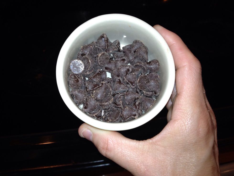 Now take 1/3 cup chocolate chips and put them in a microwave safe container