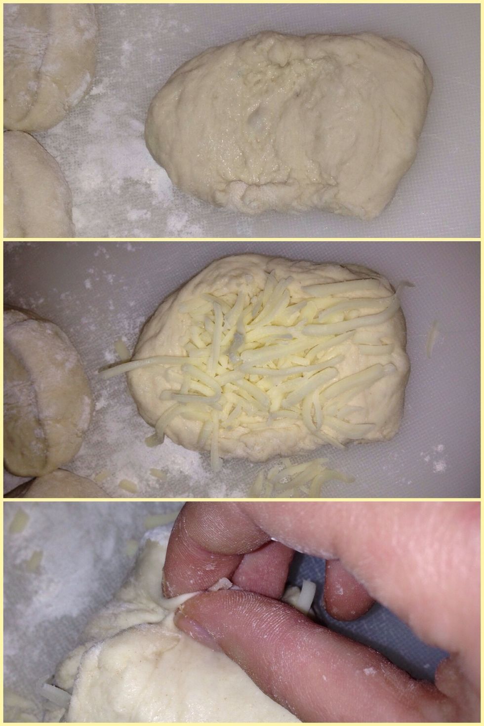 Now take a piece and flour it. Then spread it out and put a bunch of either cheese in the middle. Now seal the cheese in by folding the sides into the middle and pinching them together.