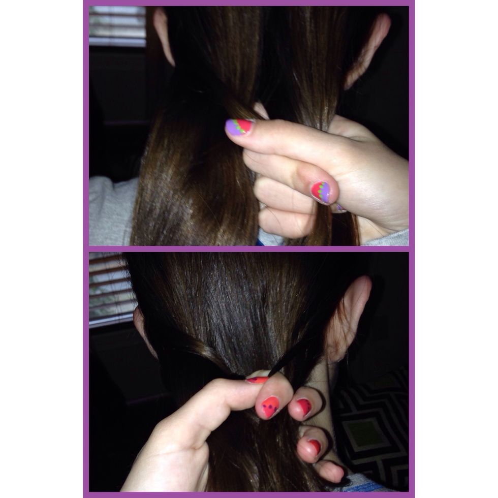 Now, take a small portion of hair from the outer part of one section, and bring it into the other section. Do the same to the other side.