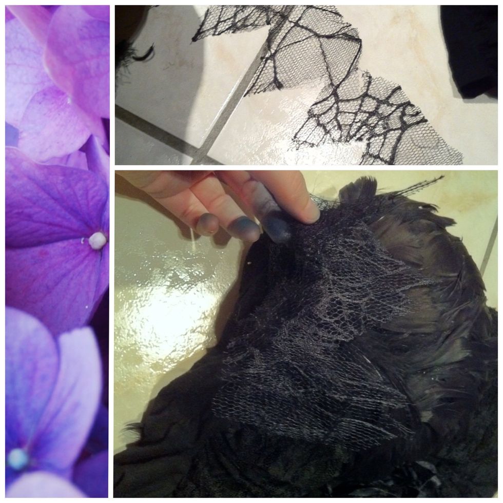 Now take a strip of lace (mine is a leftover from an old spider costume) and glue it onto the ugly ends of the quills.