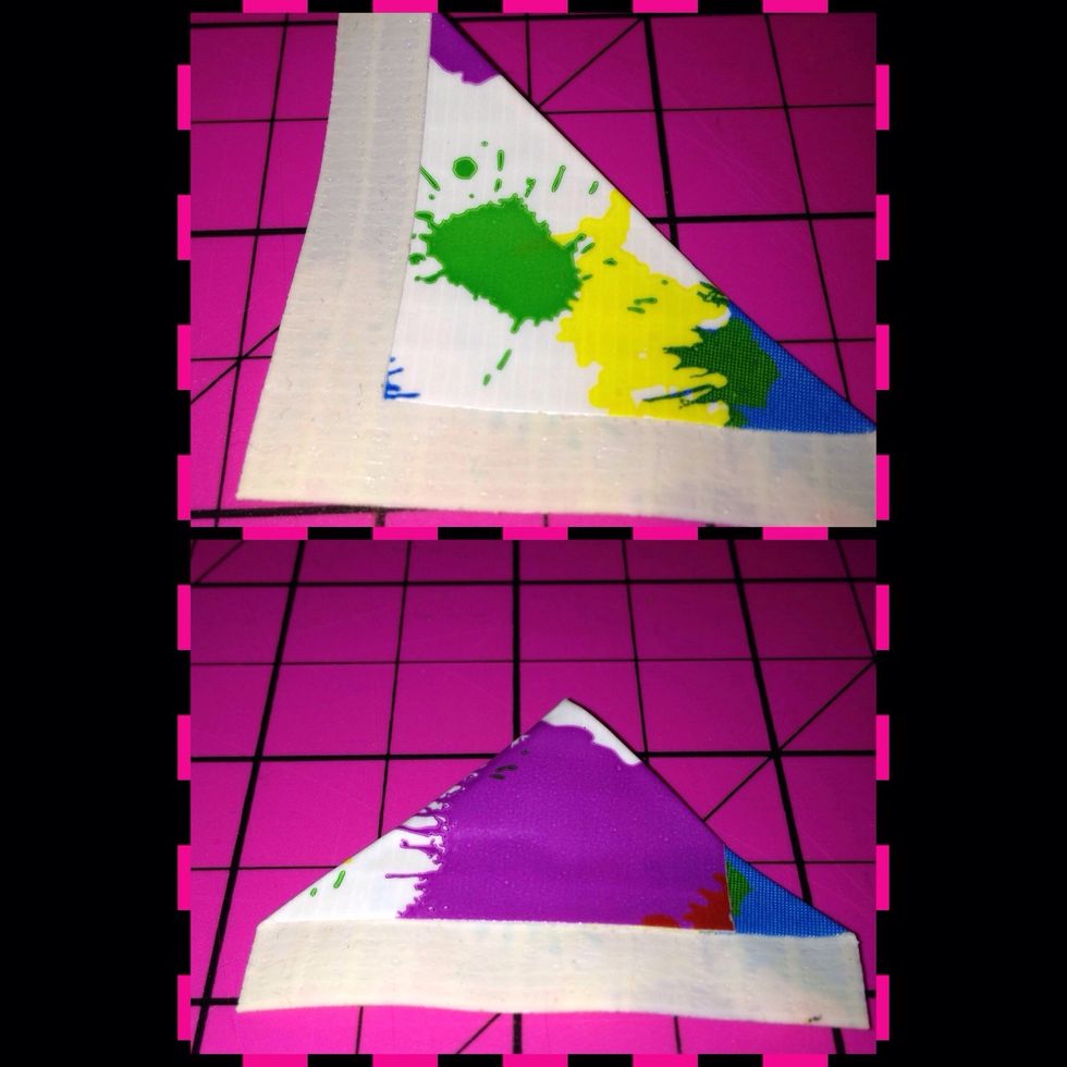Now take one of the pieces and fold over one corner. And take the other corner to meet up at the bottom of the first corner. Make sure there still stickiness at the bottom.