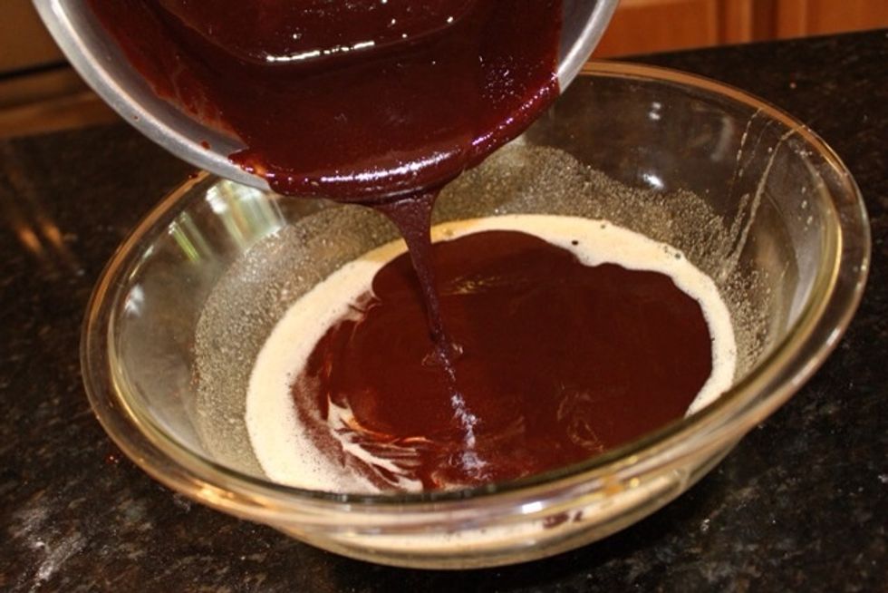 Now take the chocolate mixture and combine with the egg one and whisk.