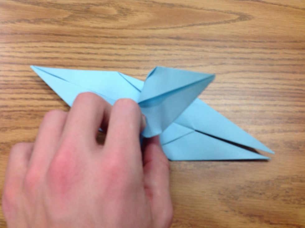 Now take the top, one sided side, and fold it down to meet the points with the two points on the bottom.