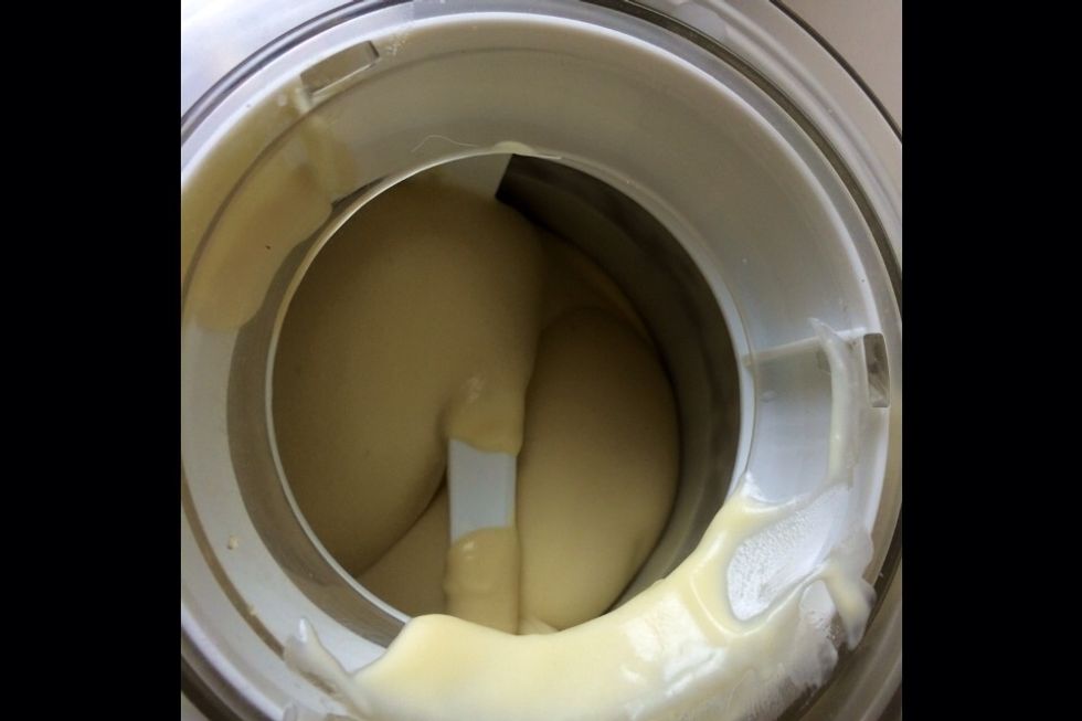 Now take your canister out of the freezer, set it up, and pour in the strained milk mixture. You'll want to pour and turn on the  machine quickly, as it will start to freeze solid to the sides