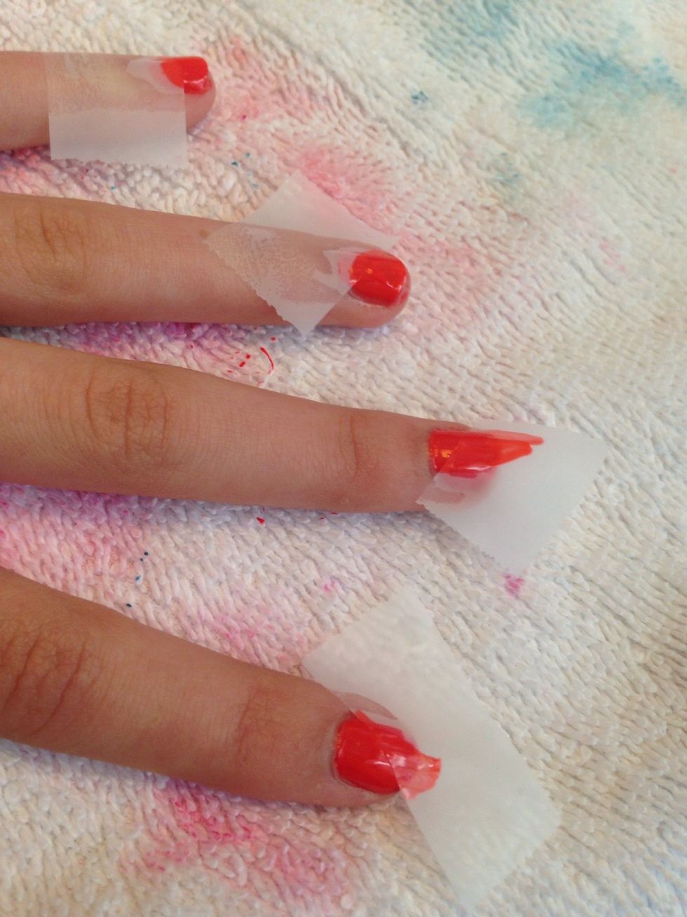 Now take your contrasting color, mine is orange, and paint the uncovered part of the nail.\ud83d\udc9b\u2764\ufe0f