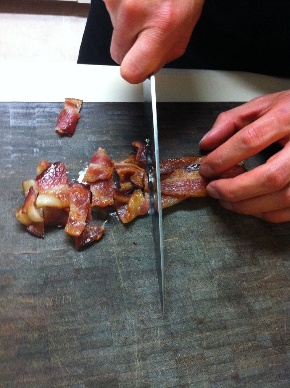 Now take your cooked bacon and chop into pieces about a quarter inch thick