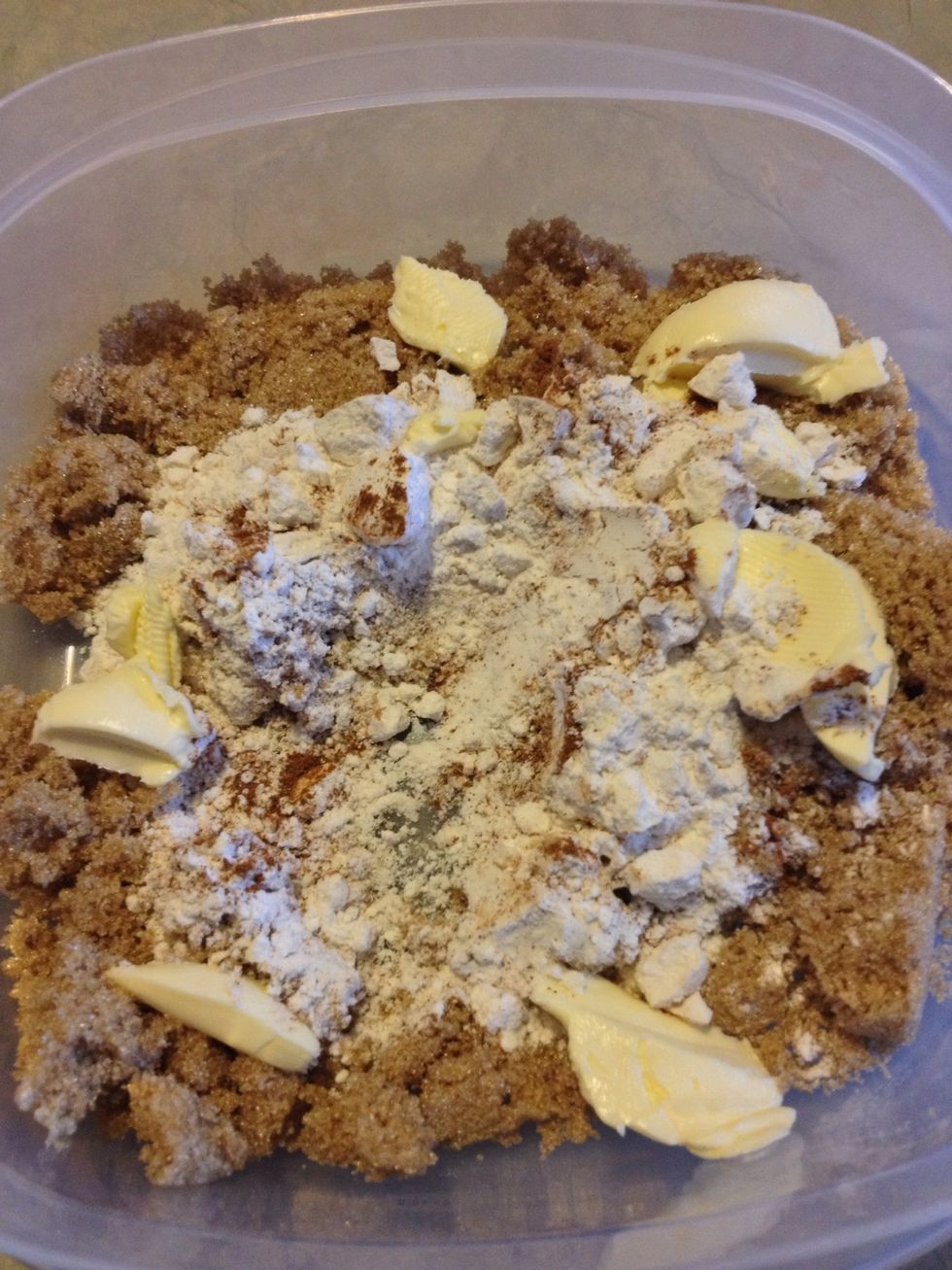 Now take your crumb topping ingredients (brown sugar, all-purpose flour, ground cinnamon, and butter) and mix.