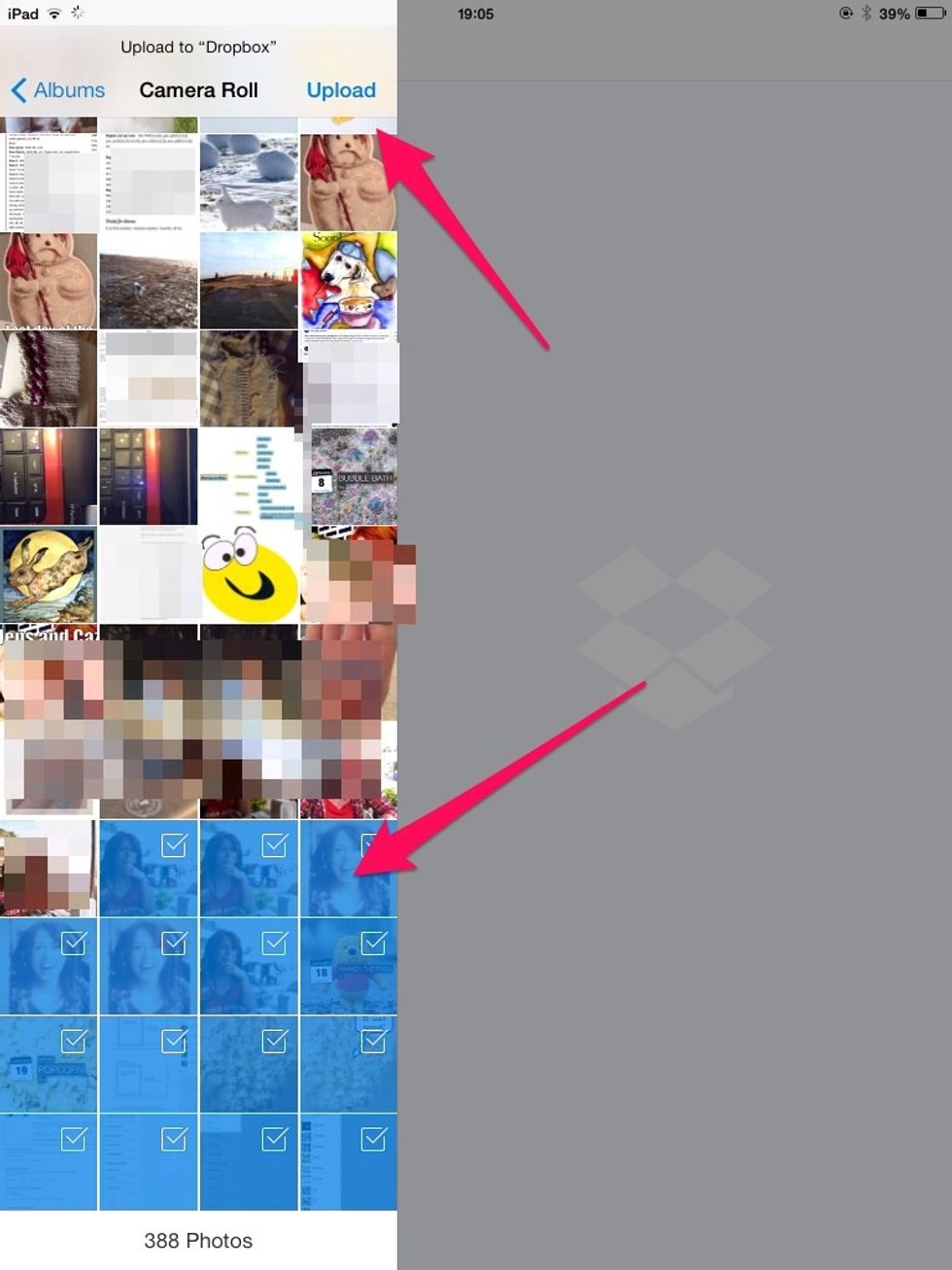 Now tap the set of photos you want to upload. Then tap upload at the top of the menu.