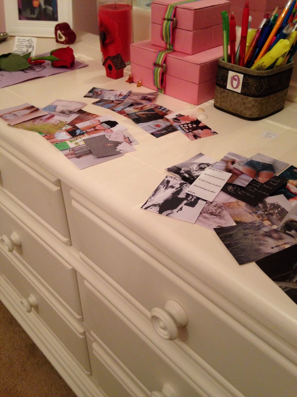 Now that all of your photos are cut and ready to go, separate them into sections based on the shape, it helps a lot. I put mine in these categories; square, horizontal, and vertical.