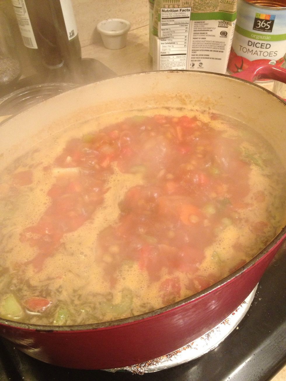 Now that it's come to a boil, cover with a lid and lower the heat to a simmer( 3 o'clock on the dial). Stir about every 20 minutes or so but keep covered for about 1.5 hours. Adjust the seasoning .