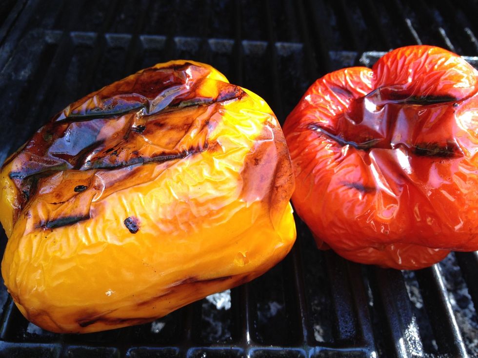 Now that the squash is off the grill & the filling is done we need to char the peppers! This is the easiest way to remove the skin. When all sides are seared, remove and let cool before removing skin.