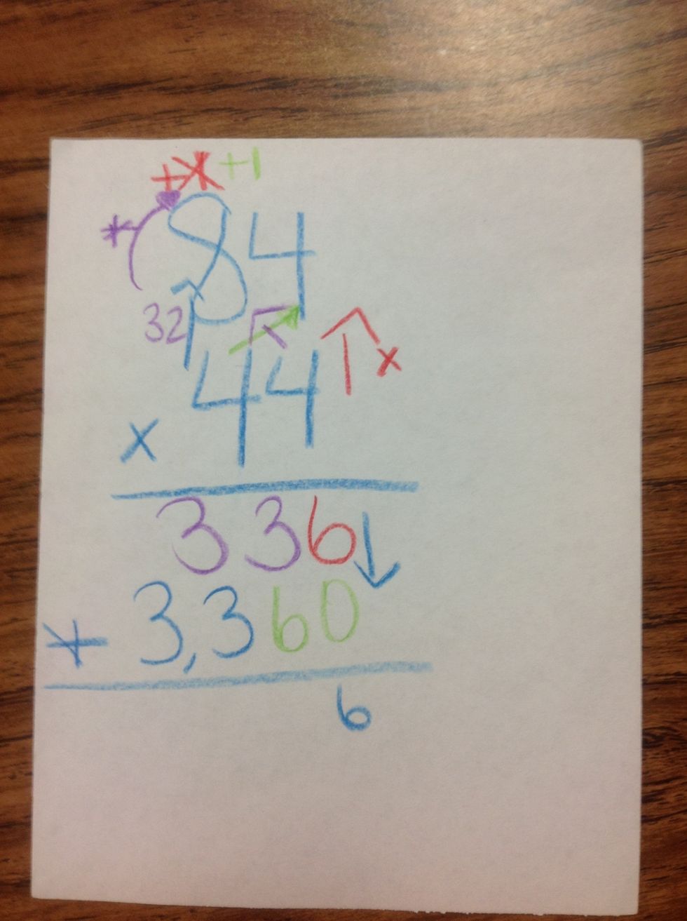 Now that you done that you add up the numbers which are 336+3,360=? First you add up the ones which is 6.