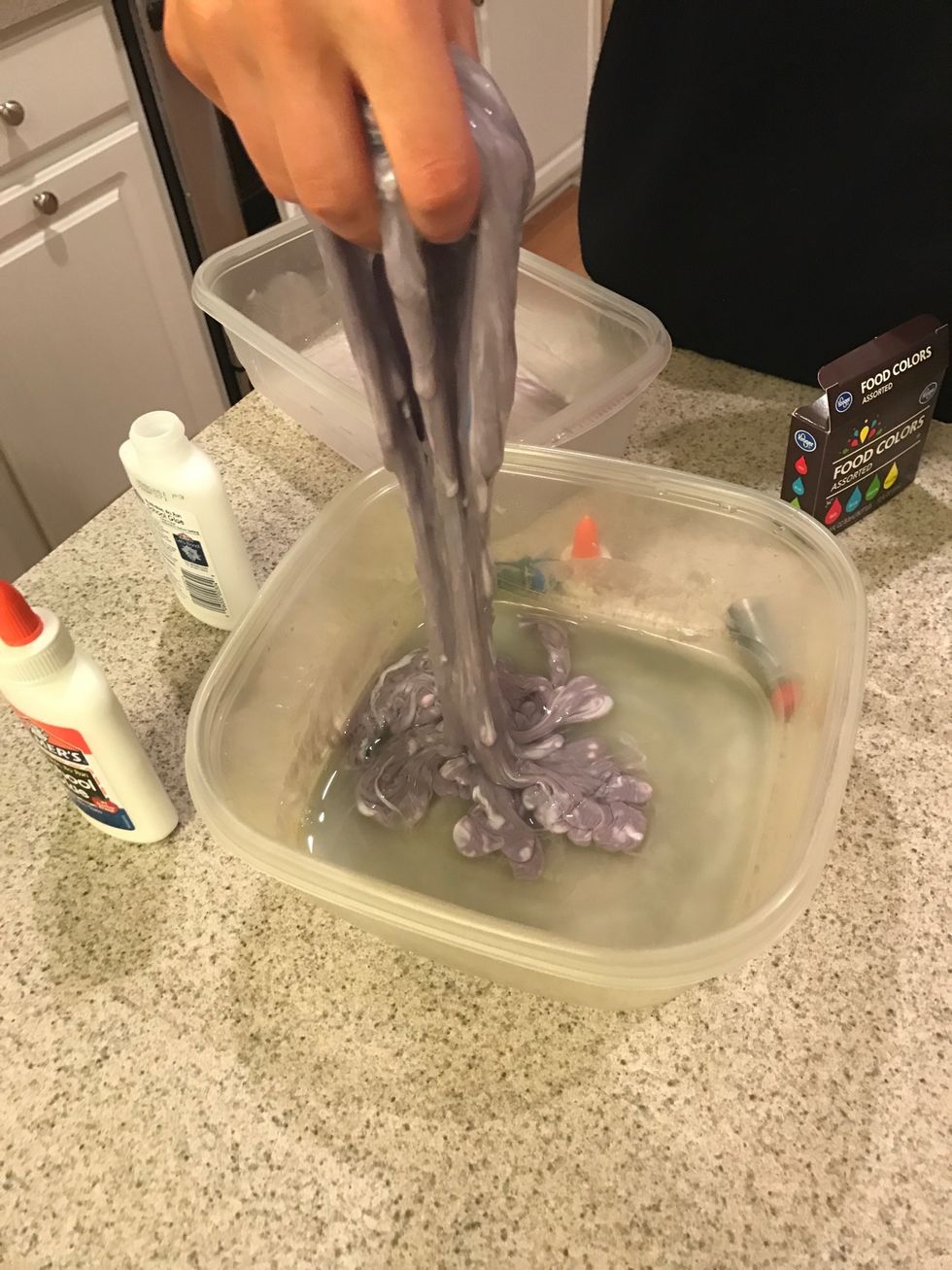 Now that you have one solution use your hand and kneed it together with the slime until you have the texture you desire.