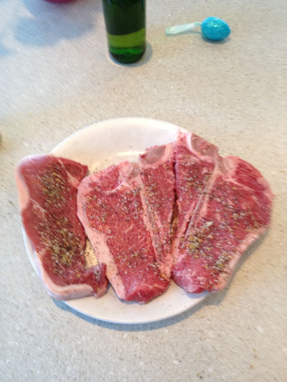 Now that you have seasoned your steaks to your liking let them sit at room temp. If you are leaving them out for more than an hour you may want to cover them with plastic wrap so they don't dry out.