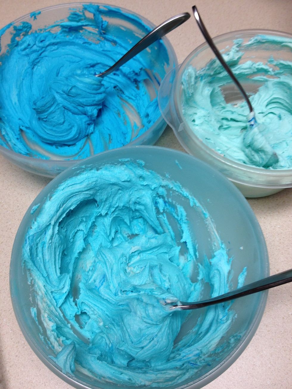 Now that you have three colors, fill piping bags with a round tip