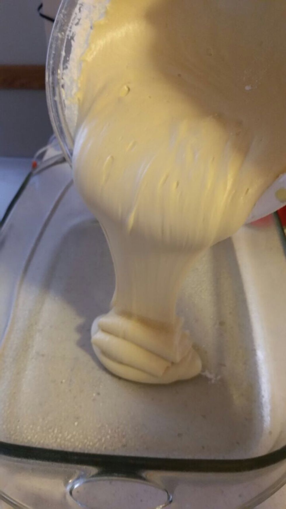 Now that you're done with the finished cake batter you pour it little by little in your pan
