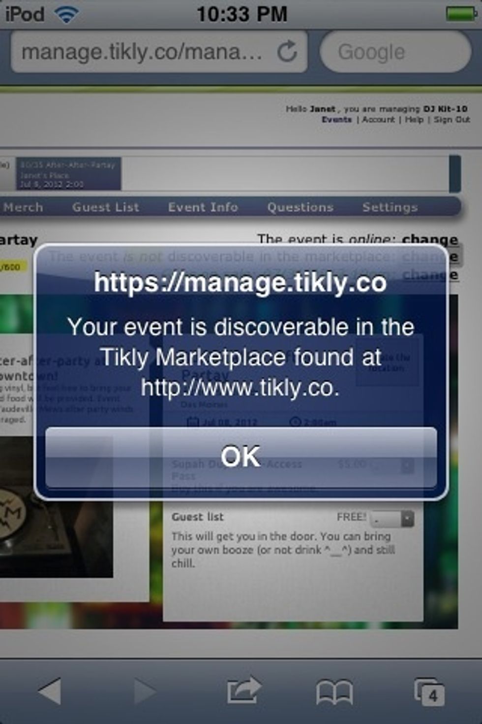 Now that your awesome event is online and snazzed up, your next move should be making it discoverable in the Tikly marketplace. So! Click that "change" button right below the online/offline option...