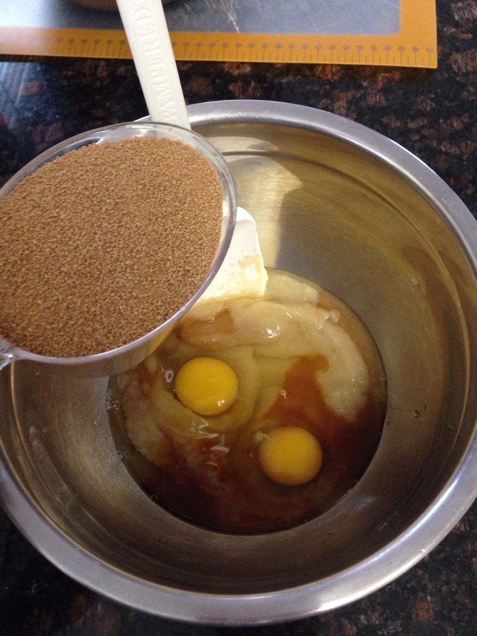 Now the 3/4 cup "sugar" of your choice. I am using Sucanat (an all natural cane sugar). Other options, brown sugar, white sugar, stevia, ect.