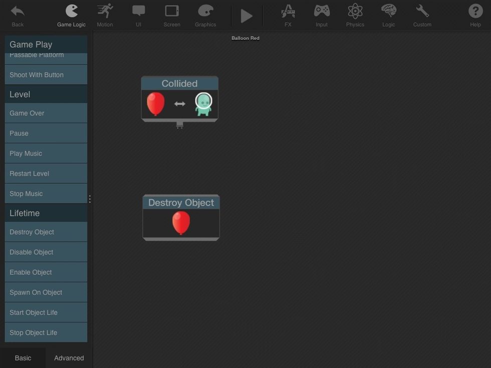 Now the ballon can collide with the green space man. When the two collide, we want the balloon to be destroyed. So drag a DESTROY OBJECT into the empty space.