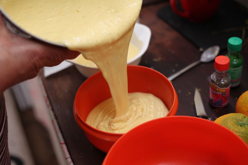 Now the fun part. You will need 4 bowls. One for each colour. Seperate the cake mixture into the 4 bowls. Equal amounts in 3 and leave extra in the 4th bowl. We left more of the original color.