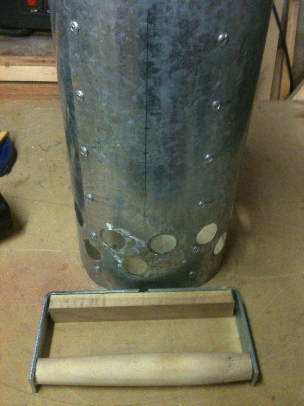 Now the handle. The brackets already has holes in the right spots. The brackets butt up like that in pic makes a good size handle. Dowel and wood cut to size.