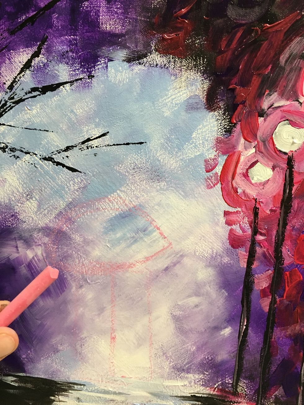 Now the hard part. Humans. First let's use chalk to draw two vertical rectangles and an umbrella shape above them.