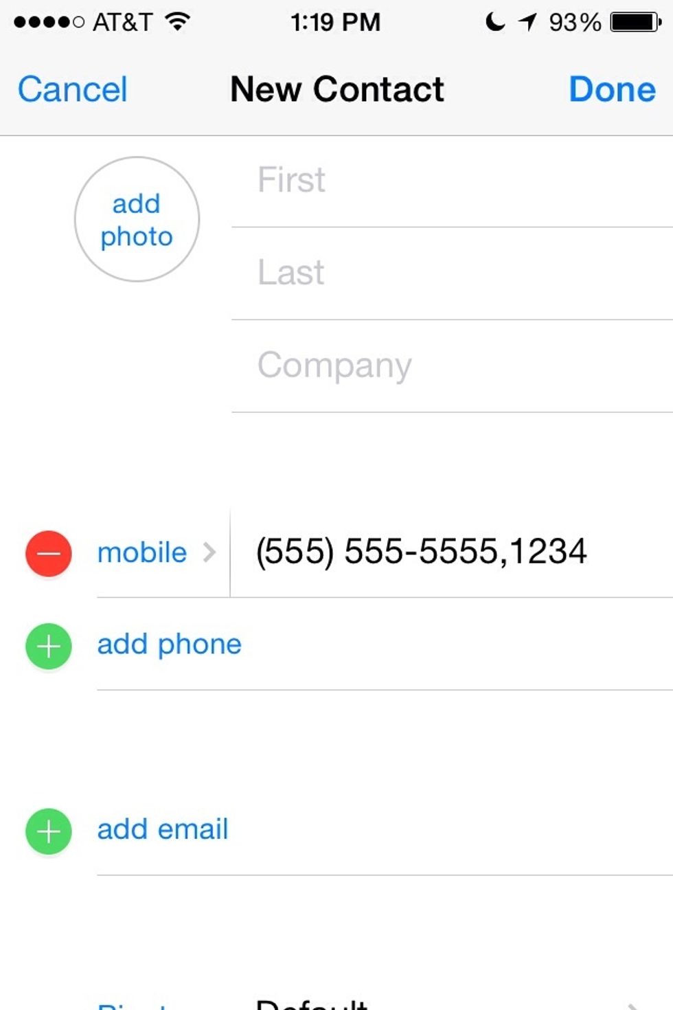 Now the number is saved with the extension at the end. When you call this number it'll dial the extension number for you.