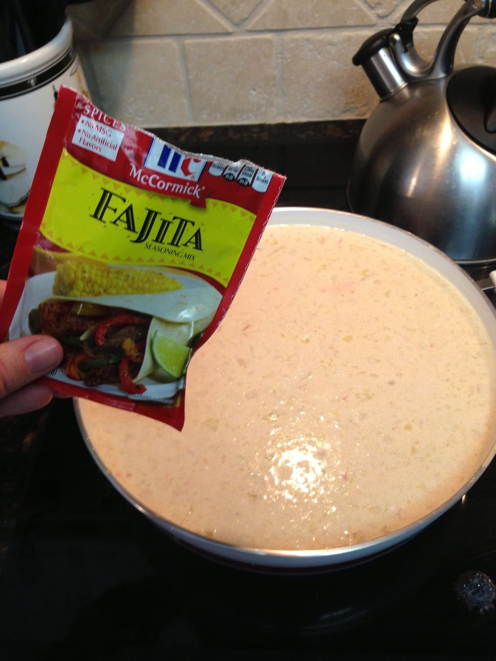 Now the pgk of Fajita mix. Whisk and whisk some more. You want to turn heat down to low/medium now and simmer away for a few minutes. This is when your kitchen will be filled with yummy aromas.
