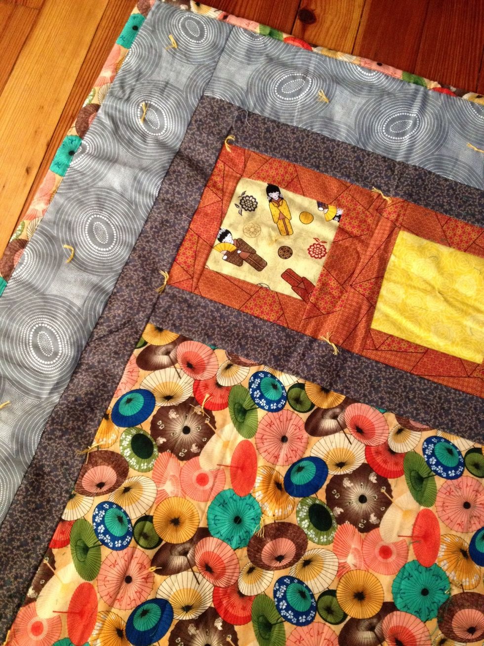 Now the quilt front, back and batting are secure for washing and using your quilt! Grab a good book and cup of tea and curl up toasty and warm!