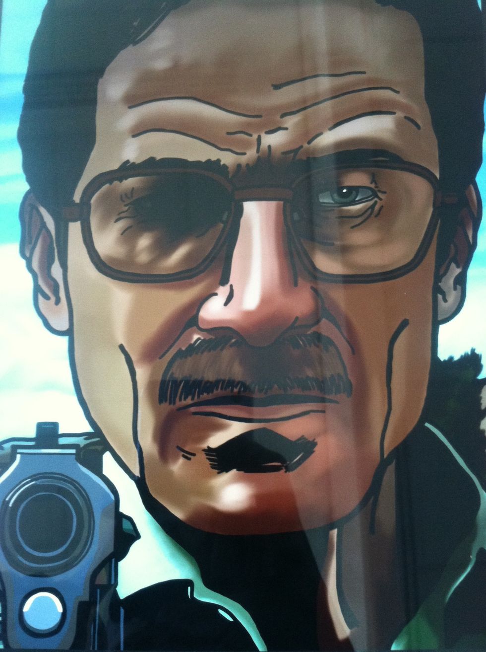 Now the rendering layer is created. Put it in top of the color layer. I use the airbrush tool to paint and smear the light and shadow on Walt and the gun. A background layer comes next.