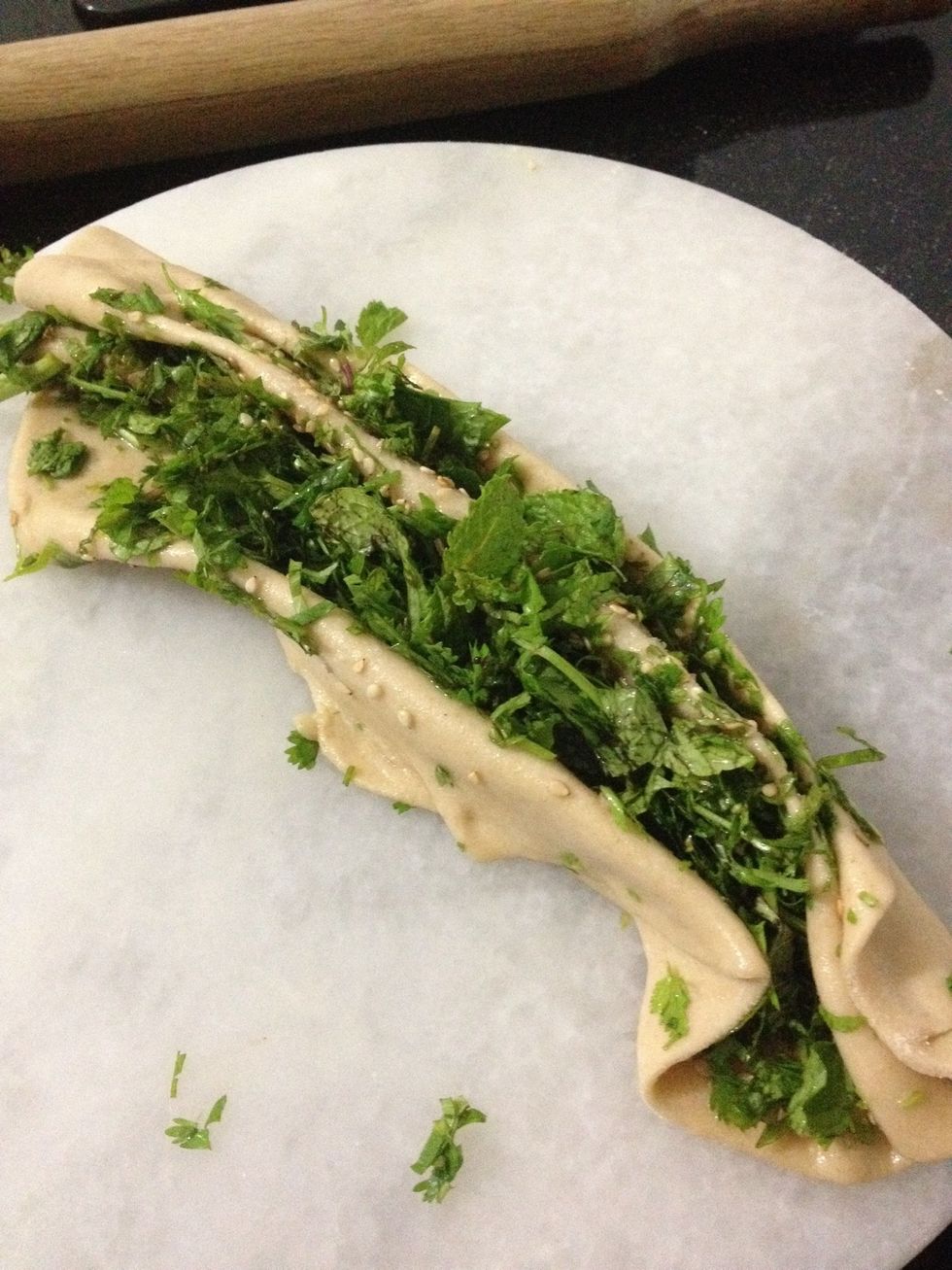 Now the tough part is folding the rolled dough in a paper fans like structure as shown