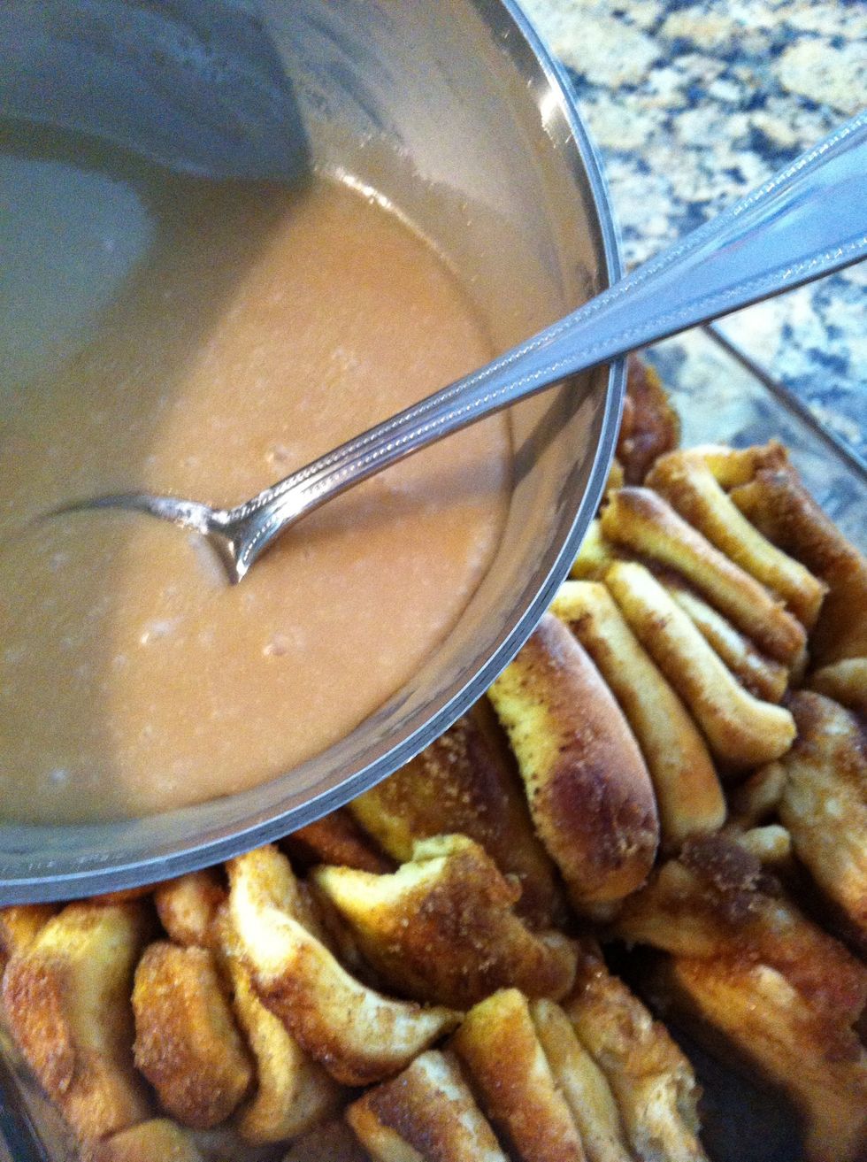Now, these are wonderful as is but I make a caramel glaze to pour ontop: 2TB butter, 2 TB brown sugar, 2 TB milk. Warm that until its bubbly. Then add about 1/2 c powdered sugar