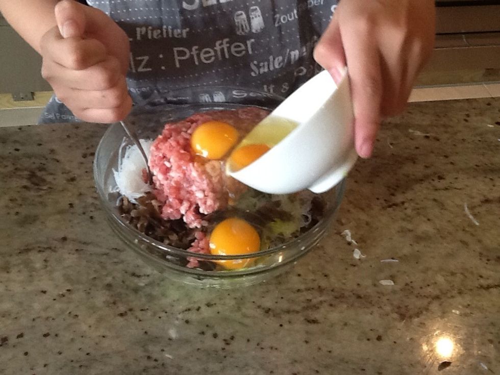 Now this is one of the most important part,you take your mince pork out and mixed it with the onions,spring onions,eggs,mushroom,vermicelli and mung bean shoots together as in the image